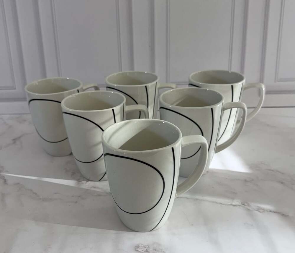 Corelle Coordinates Porcelain Coffee Mugs Set of 6 White Black Lines